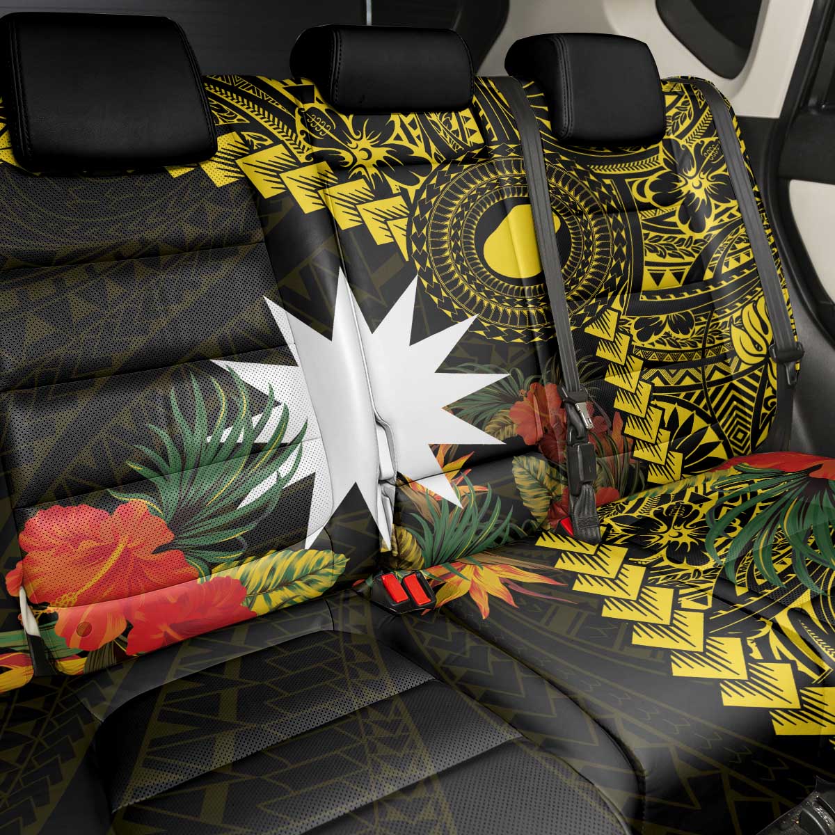 Gold Nauru Back Car Seat Cover Naoero Map With Polynesian Tropical Flowers LT14 - Polynesian Pride