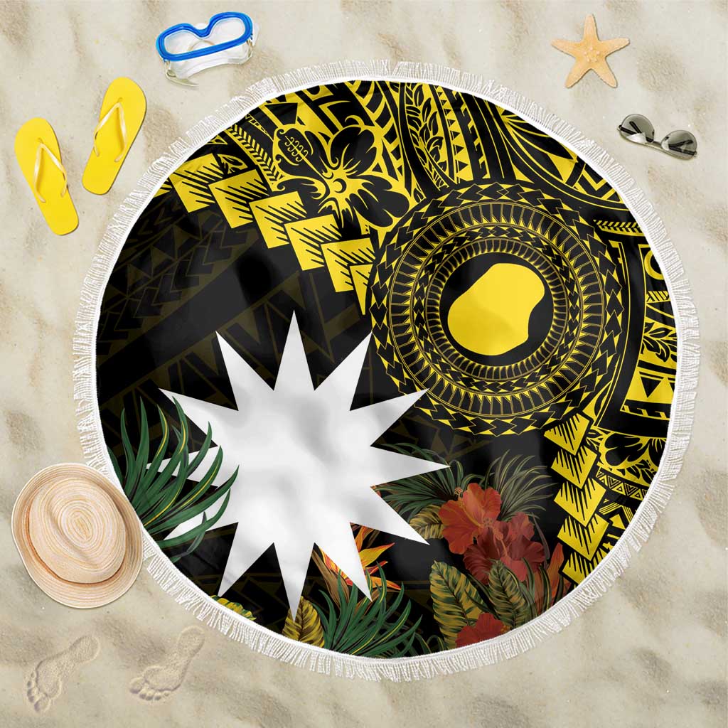Gold Nauru Beach Blanket Naoero Map With Polynesian Tropical Flowers LT14 One Size 150cm Gold - Polynesian Pride