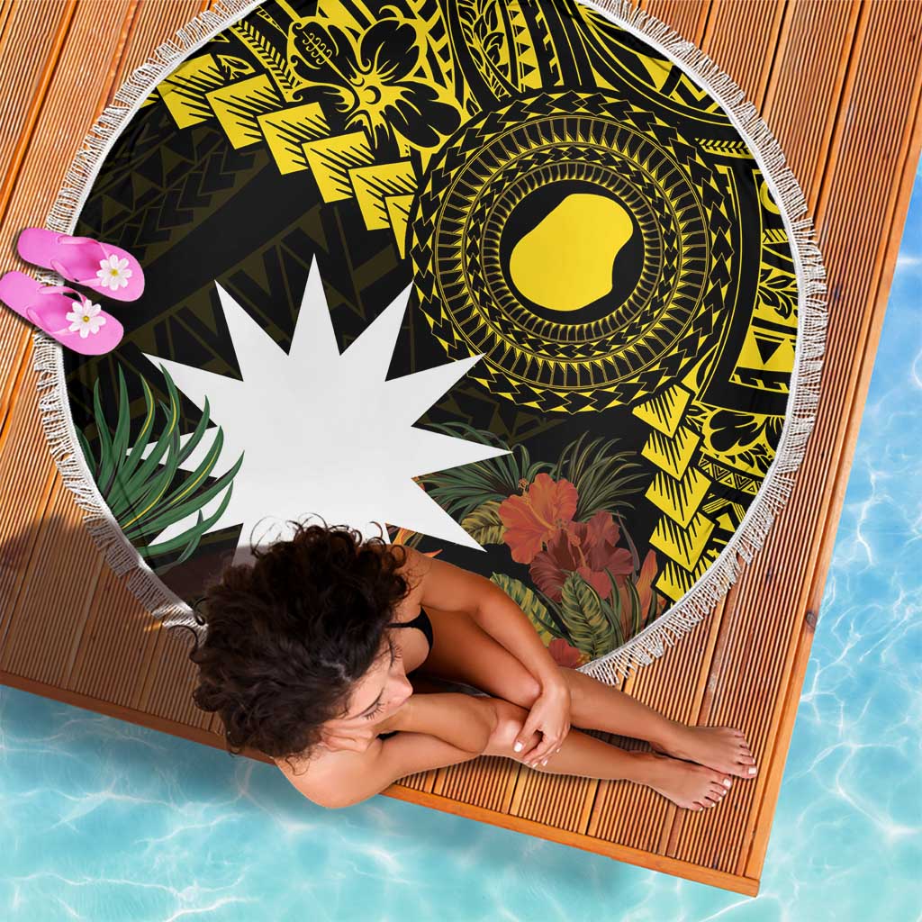 Gold Nauru Beach Blanket Naoero Map With Polynesian Tropical Flowers LT14 - Polynesian Pride