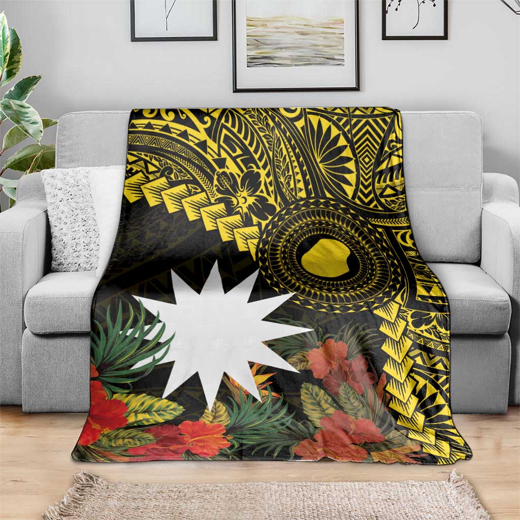 Gold Nauru Blanket Naoero Map With Polynesian Tropical Flowers LT14 - Polynesian Pride