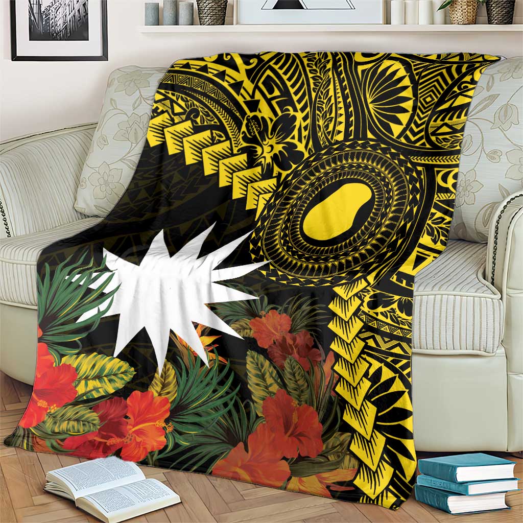 Gold Nauru Blanket Naoero Map With Polynesian Tropical Flowers LT14 - Polynesian Pride