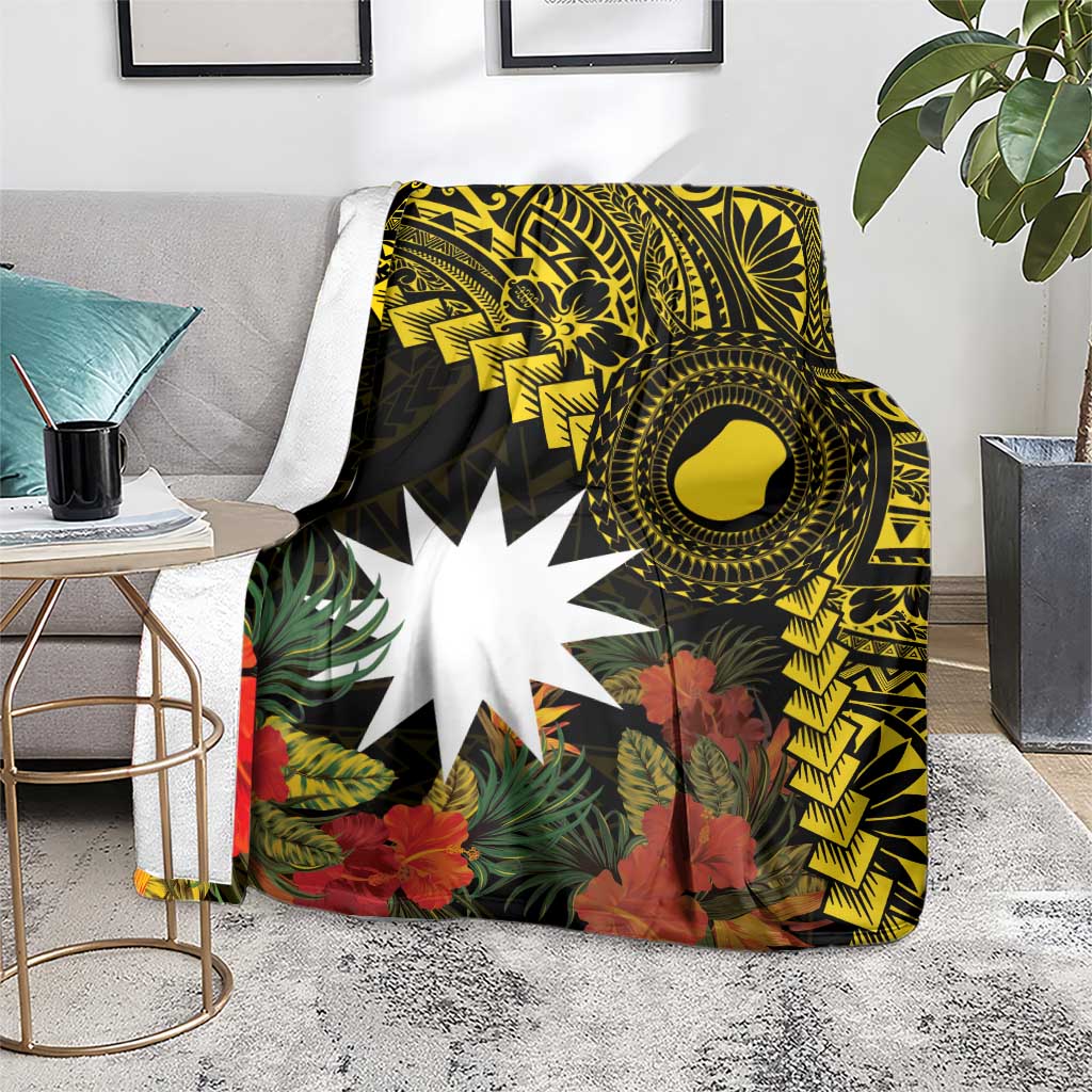 Gold Nauru Blanket Naoero Map With Polynesian Tropical Flowers LT14 - Polynesian Pride