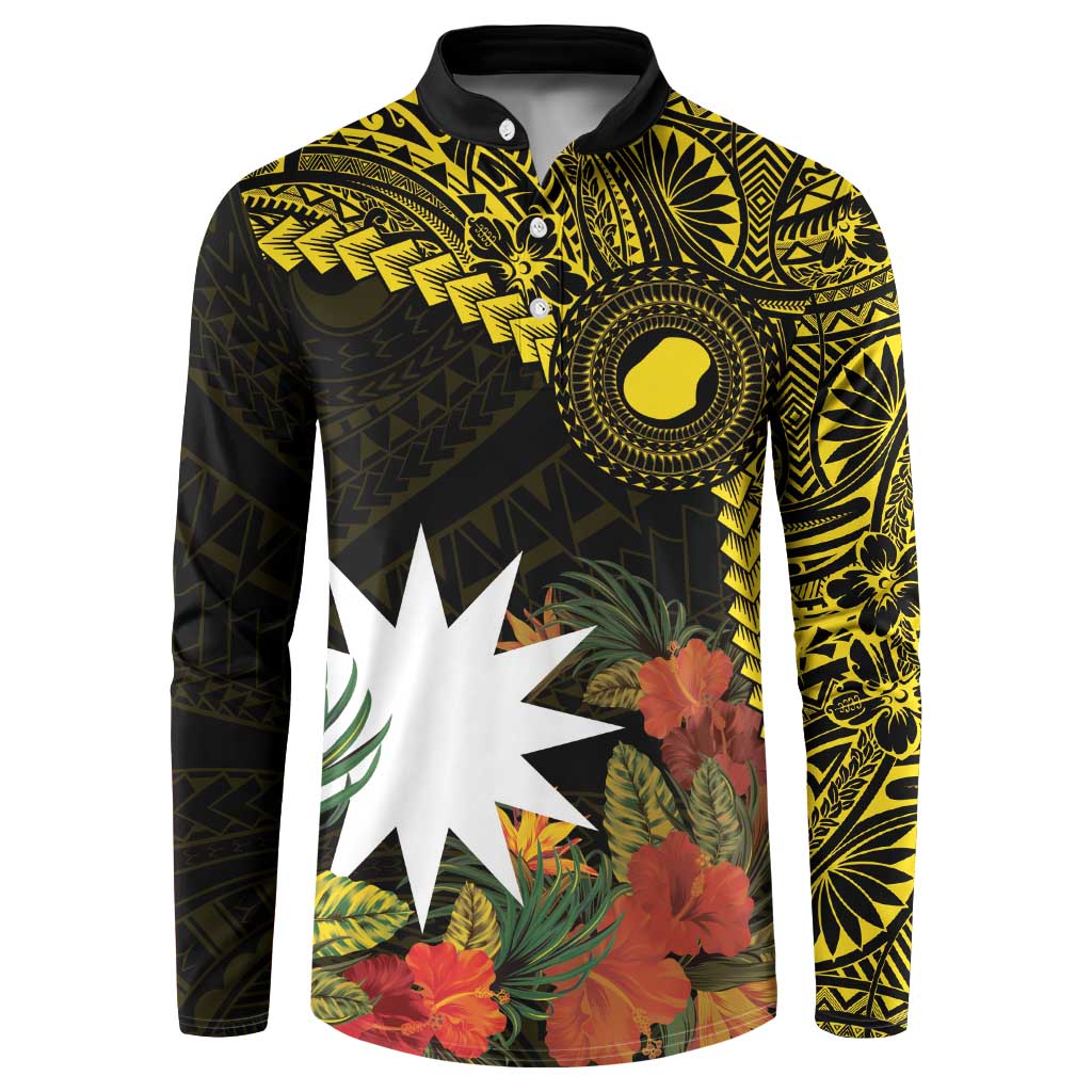 Gold Nauru Button Sweatshirt Naoero Map With Polynesian Tropical Flowers LT14 Gold - Polynesian Pride