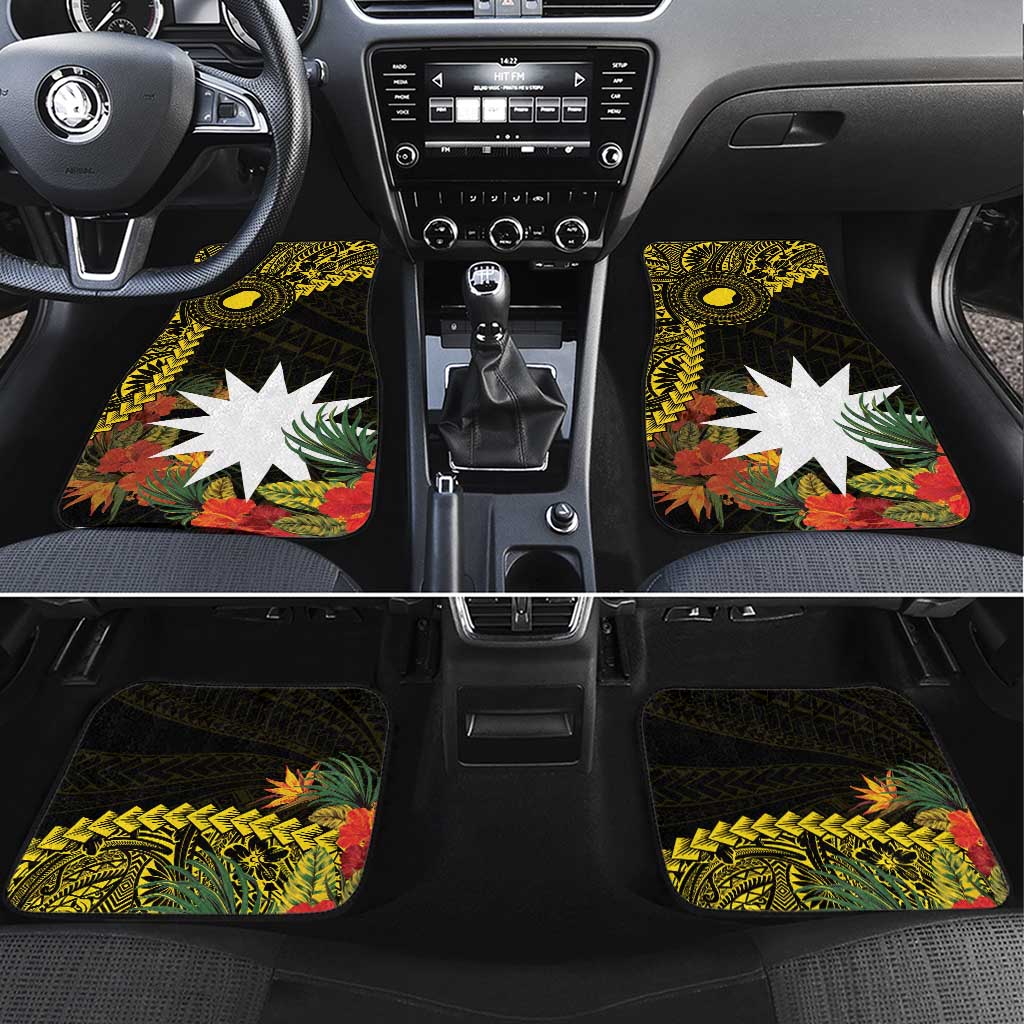 Gold Nauru Car Mats Naoero Map With Polynesian Tropical Flowers LT14 Set 4pcs Gold - Polynesian Pride