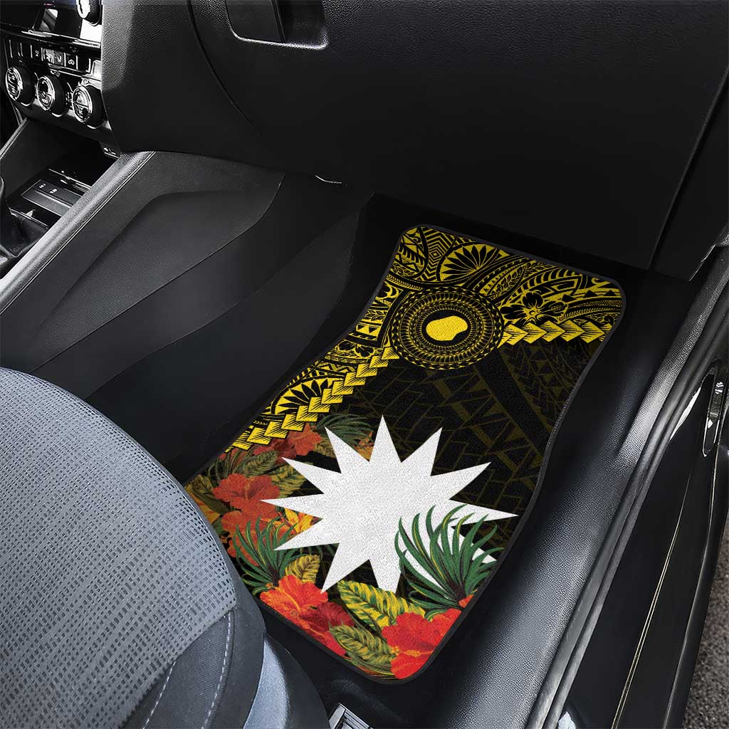 Gold Nauru Car Mats Naoero Map With Polynesian Tropical Flowers LT14 - Polynesian Pride