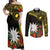 Gold Nauru Couples Matching Off Shoulder Maxi Dress and Long Sleeve Button Shirt Naoero Map With Polynesian Tropical Flowers