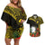 Gold Nauru Couples Matching Off Shoulder Short Dress and Hawaiian Shirt Naoero Map With Polynesian Tropical Flowers