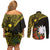 Gold Nauru Couples Matching Off Shoulder Short Dress and Long Sleeve Button Shirt Naoero Map With Polynesian Tropical Flowers