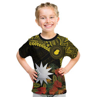 Gold Nauru Kid T Shirt Naoero Map With Polynesian Tropical Flowers LT14 Gold - Polynesian Pride