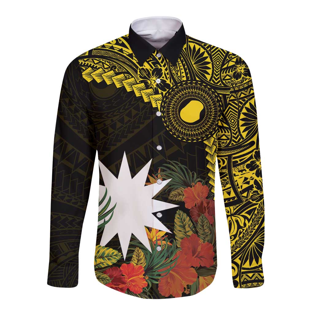 Gold Nauru Long Sleeve Button Shirt Naoero Map With Polynesian Tropical Flowers LT14 Unisex Gold - Polynesian Pride