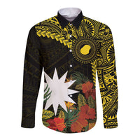 Gold Nauru Long Sleeve Button Shirt Naoero Map With Polynesian Tropical Flowers LT14 Unisex Gold - Polynesian Pride