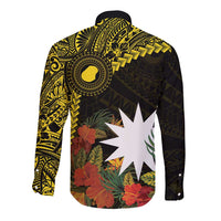 Gold Nauru Long Sleeve Button Shirt Naoero Map With Polynesian Tropical Flowers LT14 - Polynesian Pride