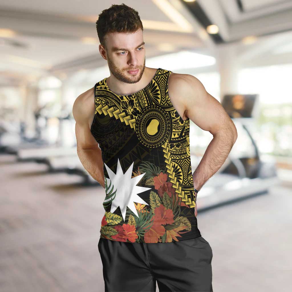 Gold Nauru Men Tank Top Naoero Map With Polynesian Tropical Flowers LT14 Gold - Polynesian Pride