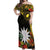 Gold Nauru Off Shoulder Maxi Dress Naoero Map With Polynesian Tropical Flowers