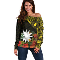 Gold Nauru Off Shoulder Sweater Naoero Map With Polynesian Tropical Flowers LT14 Women Gold - Polynesian Pride