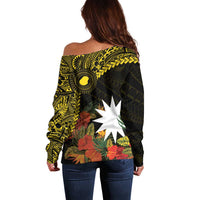 Gold Nauru Off Shoulder Sweater Naoero Map With Polynesian Tropical Flowers LT14 - Polynesian Pride