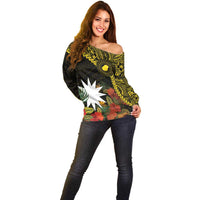Gold Nauru Off Shoulder Sweater Naoero Map With Polynesian Tropical Flowers LT14 - Polynesian Pride