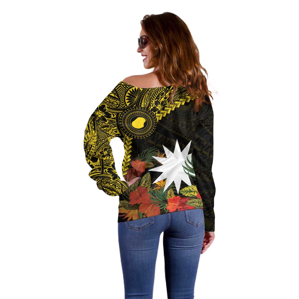 Gold Nauru Off Shoulder Sweater Naoero Map With Polynesian Tropical Flowers LT14 - Polynesian Pride
