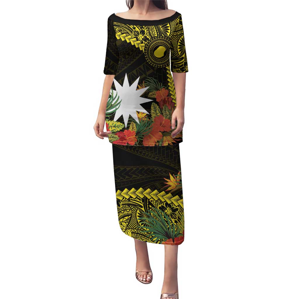 Gold Nauru Puletasi Naoero Map With Polynesian Tropical Flowers LT14 Long Dress Gold - Polynesian Pride