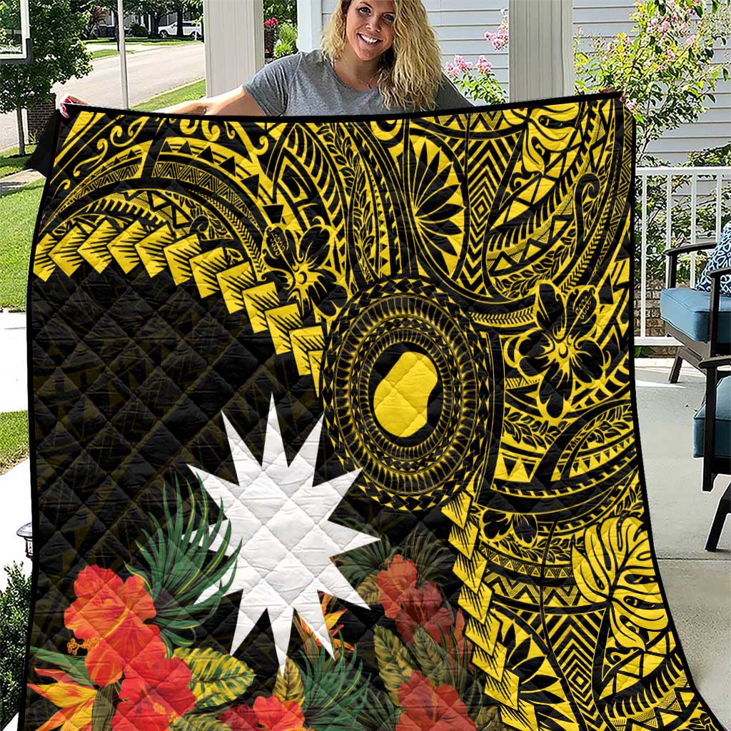 Gold Nauru Quilt Naoero Map With Polynesian Tropical Flowers LT14 Gold - Polynesian Pride