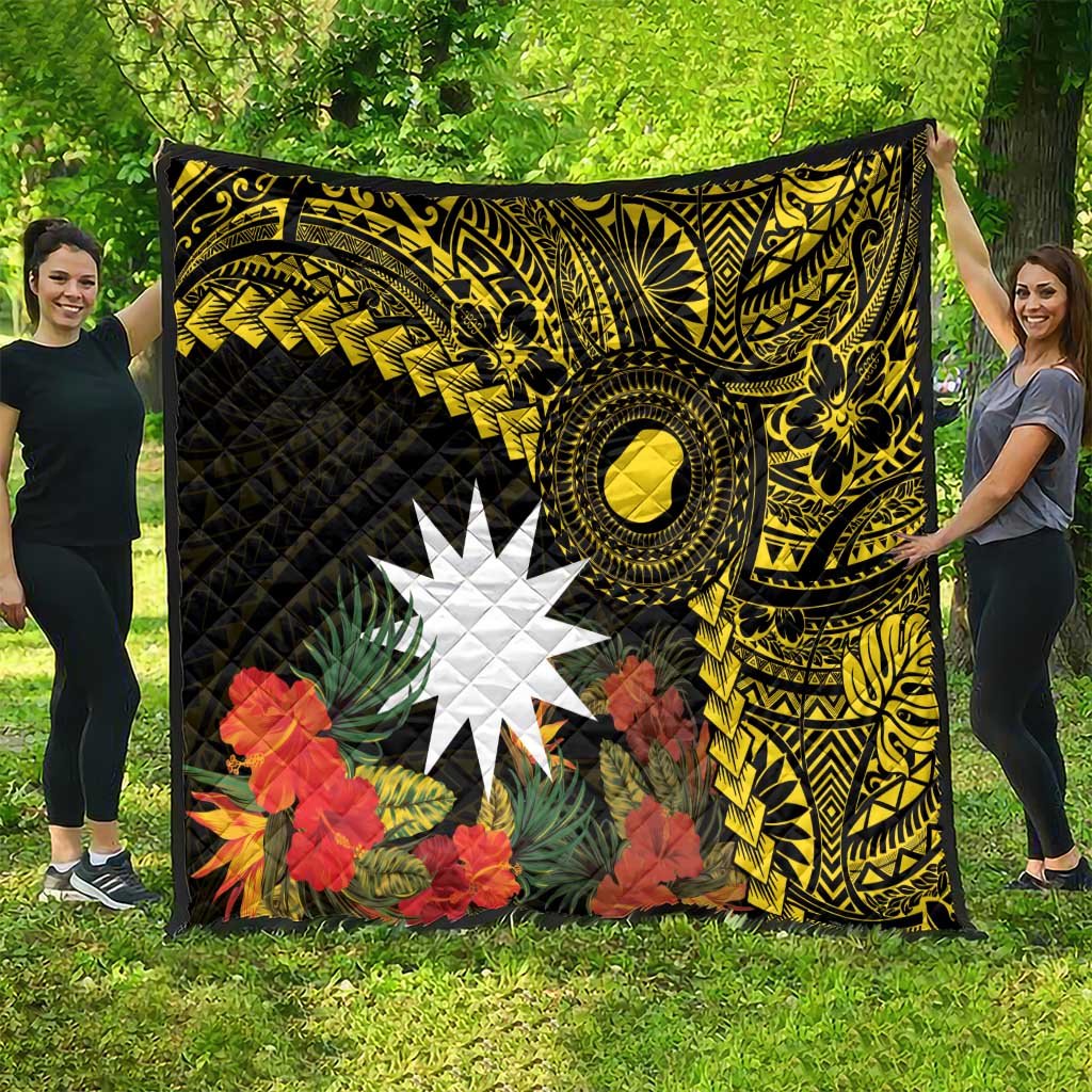 Gold Nauru Quilt Naoero Map With Polynesian Tropical Flowers LT14 - Polynesian Pride