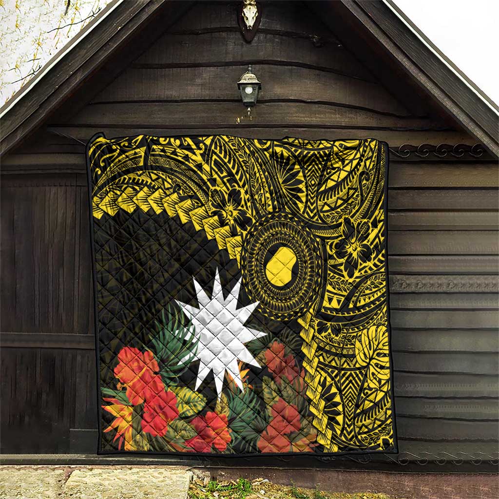 Gold Nauru Quilt Naoero Map With Polynesian Tropical Flowers LT14 - Polynesian Pride