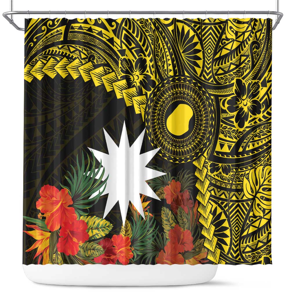 Gold Nauru Shower Curtain Naoero Map With Polynesian Tropical Flowers LT14 Gold - Polynesian Pride