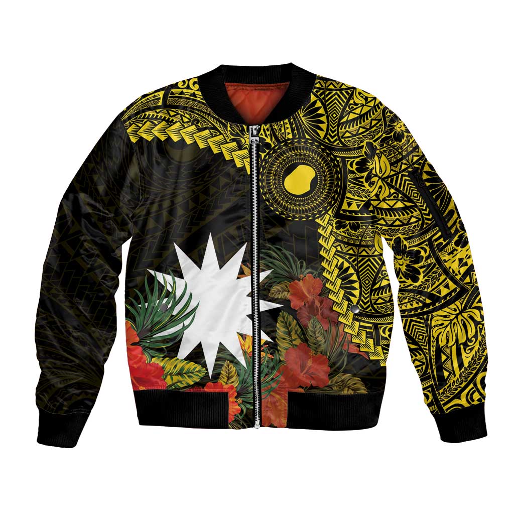 Gold Nauru Sleeve Zip Bomber Jacket Naoero Map With Polynesian Tropical Flowers LT14 Unisex Gold - Polynesian Pride