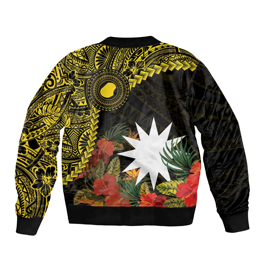 Gold Nauru Sleeve Zip Bomber Jacket Naoero Map With Polynesian Tropical Flowers LT14 - Polynesian Pride
