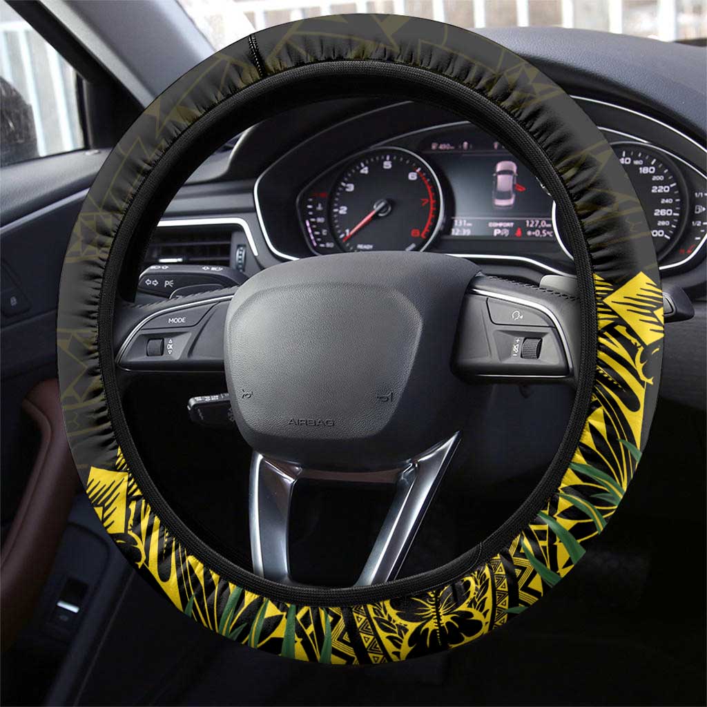 Gold Nauru Steering Wheel Cover Naoero Map With Polynesian Tropical Flowers LT14 - Polynesian Pride