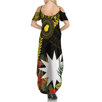 Gold Nauru Summer Maxi Dress Naoero Map With Polynesian Tropical Flowers LT14 - Polynesian Pride