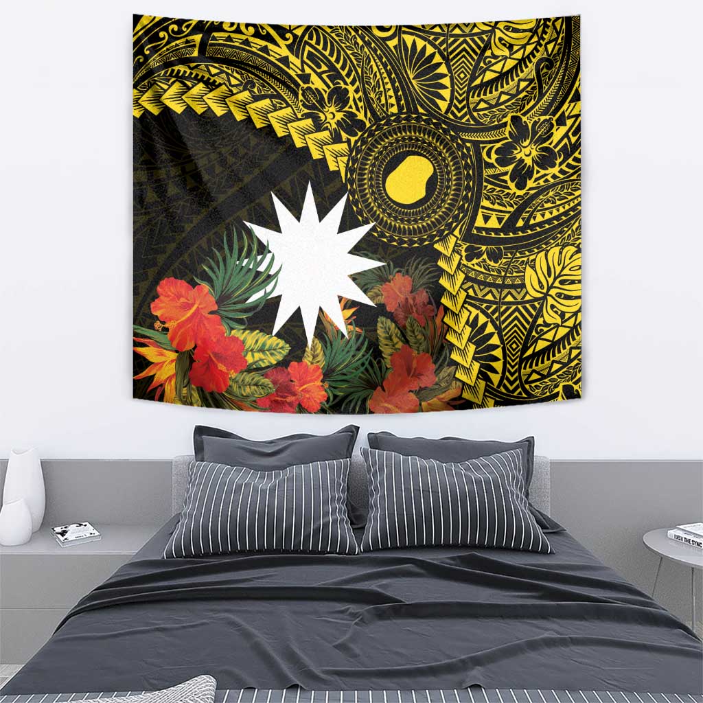 Gold Nauru Tapestry Naoero Map With Polynesian Tropical Flowers LT14 - Polynesian Pride