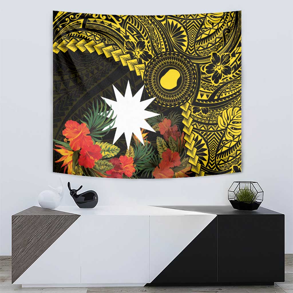 Gold Nauru Tapestry Naoero Map With Polynesian Tropical Flowers LT14 - Polynesian Pride