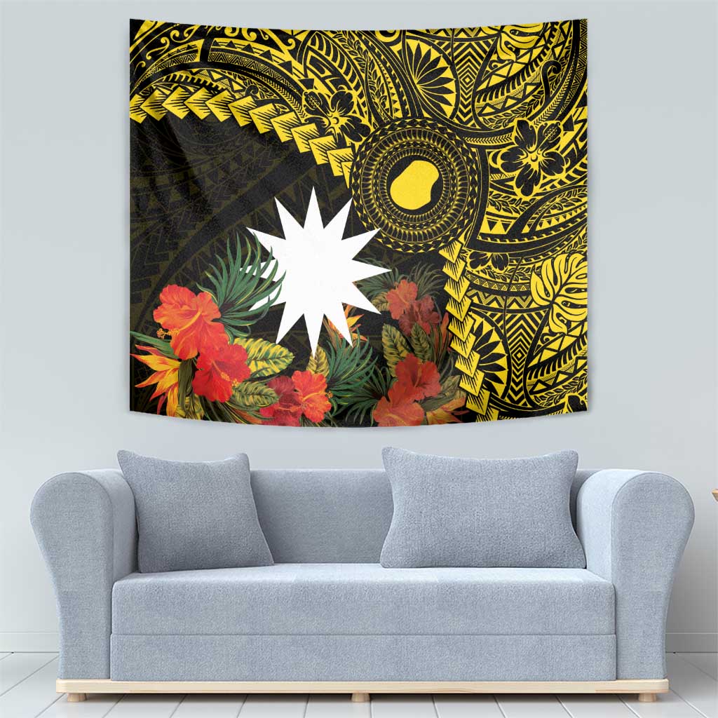 Gold Nauru Tapestry Naoero Map With Polynesian Tropical Flowers LT14 - Polynesian Pride