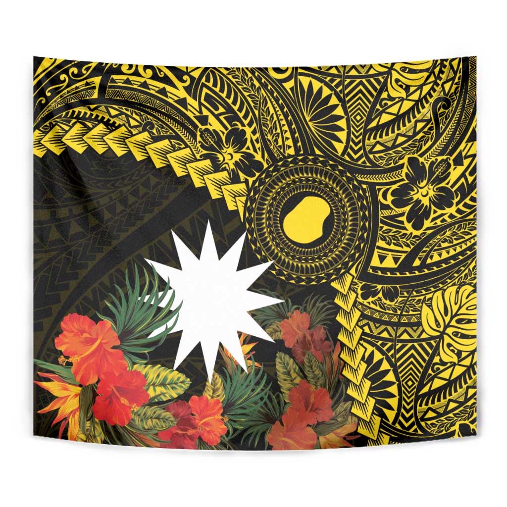 Gold Nauru Tapestry Naoero Map With Polynesian Tropical Flowers LT14 - Polynesian Pride