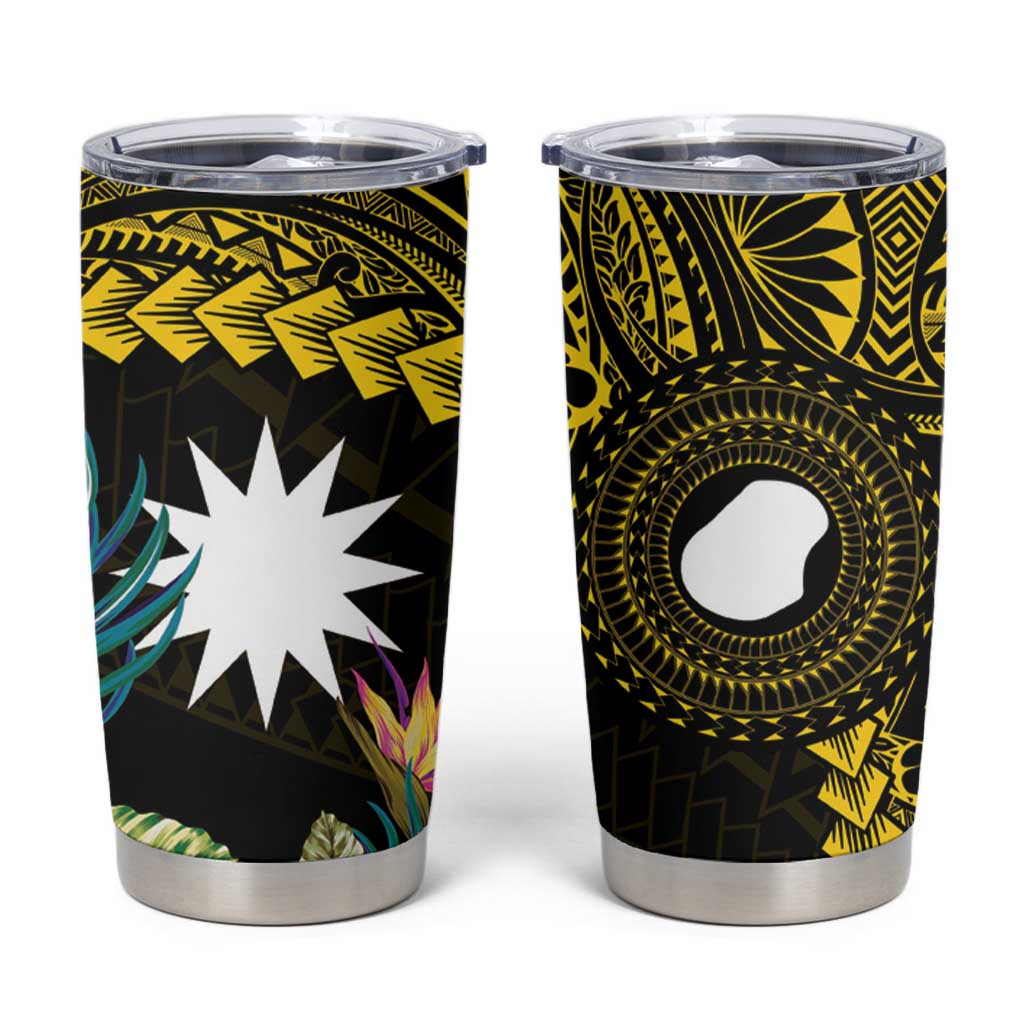 Gold Nauru Tumbler Cup Naoero Map With Polynesian Tropical Flowers LT14 Gold - Polynesian Pride