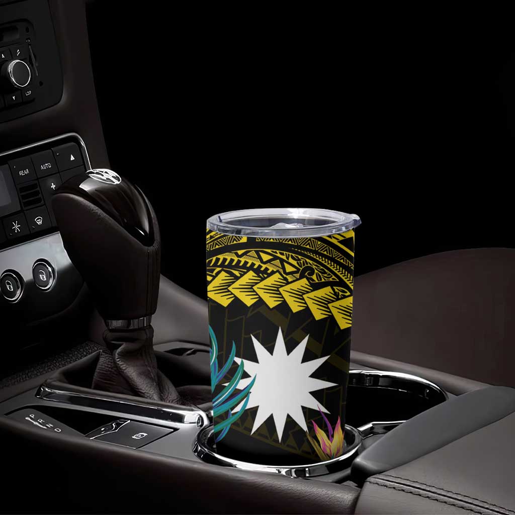 Gold Nauru Tumbler Cup Naoero Map With Polynesian Tropical Flowers LT14 - Polynesian Pride