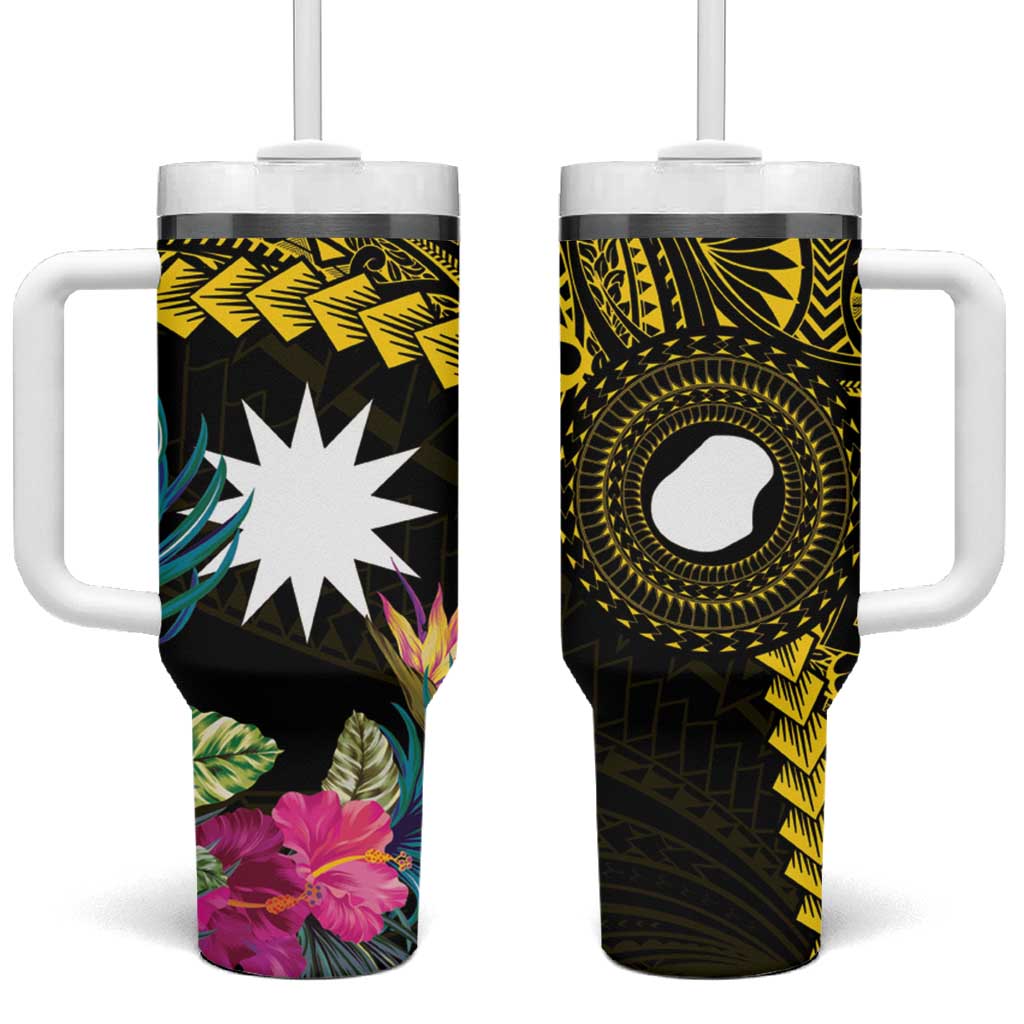 Gold Nauru Tumbler With Handle Naoero Map With Polynesian Tropical Flowers LT14 One Size: 40 oz Gold - Polynesian Pride