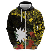 Gold Nauru Zip Hoodie Naoero Map With Polynesian Tropical Flowers LT14 - Polynesian Pride