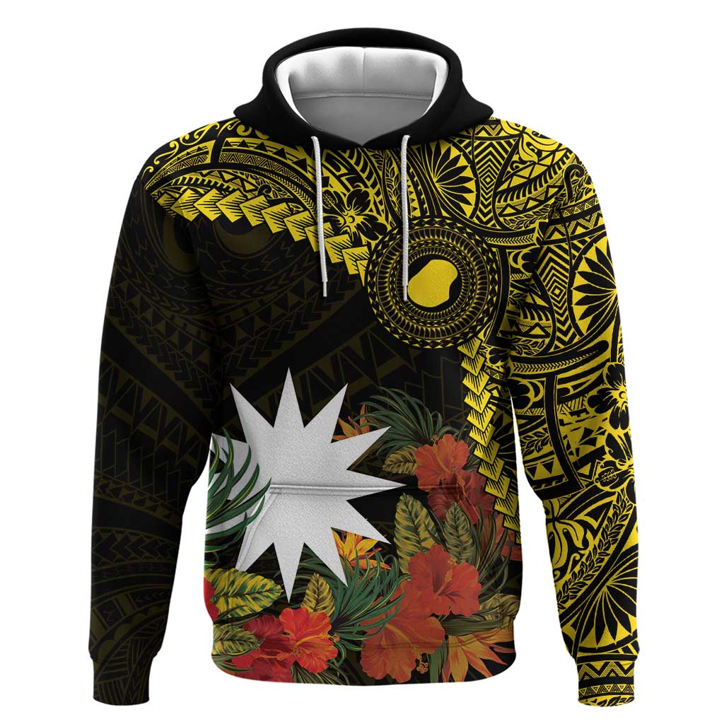 Gold Nauru Zip Hoodie Naoero Map With Polynesian Tropical Flowers LT14 Pullover Hoodie Gold - Polynesian Pride