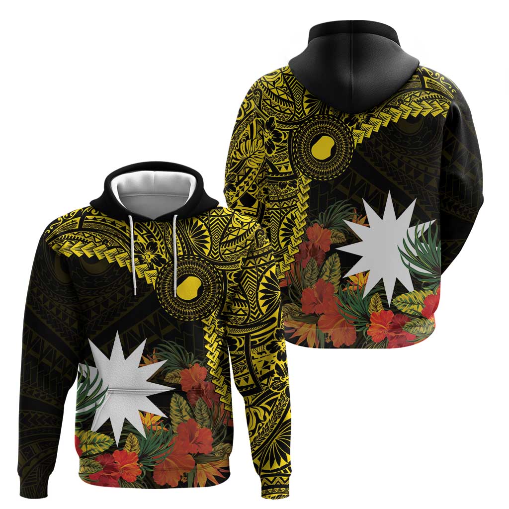 Gold Nauru Zip Hoodie Naoero Map With Polynesian Tropical Flowers LT14 - Polynesian Pride
