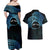 Personalised Pohnpei Nukuoro Micronesia Couples Matching Off Shoulder Maxi Dress and Hawaiian Shirt Polynesian Tattoo Curves Blue Version