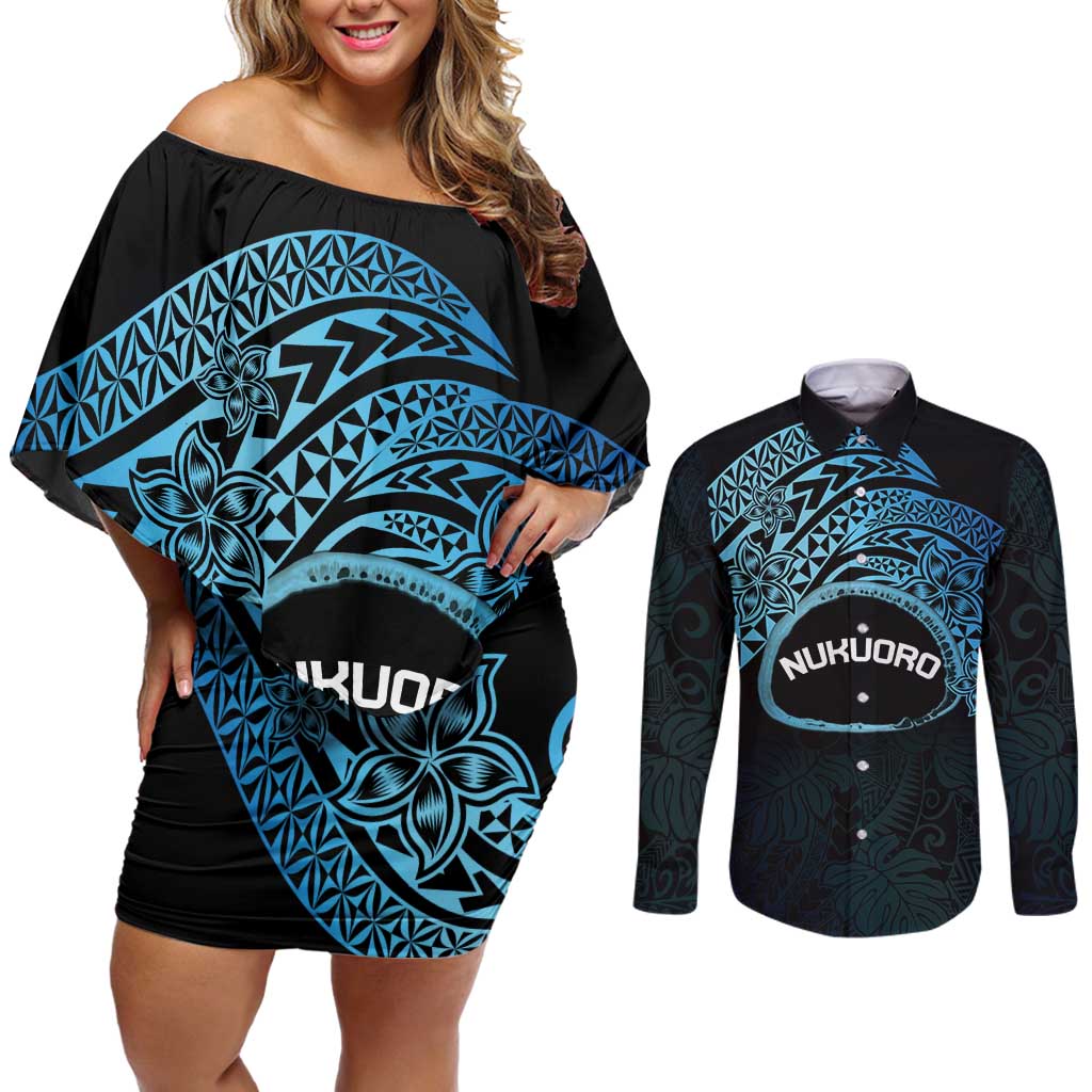 Personalised Pohnpei Nukuoro Micronesia Couples Matching Off Shoulder Short Dress and Long Sleeve Button Shirt Polynesian Tattoo Curves Blue Version