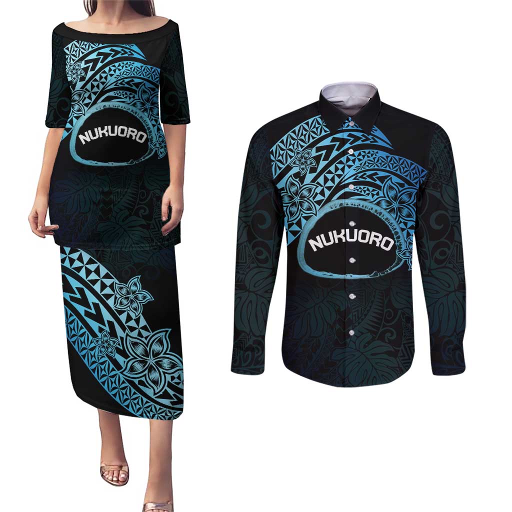 Personalised Pohnpei Nukuoro Micronesia Couples Matching Puletasi and Long Sleeve Button Shirt Polynesian Tattoo Curves Blue Version