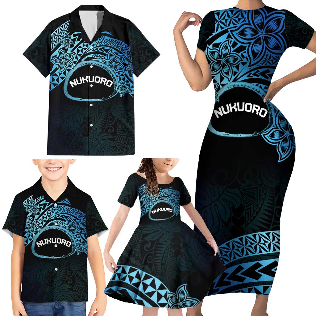 Personalised Pohnpei Nukuoro Micronesia Family Matching Short Sleeve Bodycon Dress and Hawaiian Shirt Polynesian Tattoo Curves Blue Version