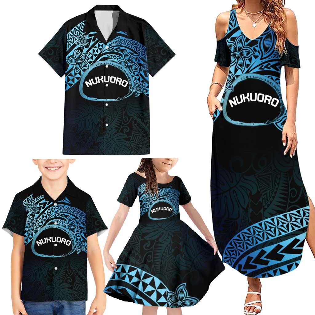 Personalised Pohnpei Nukuoro Micronesia Family Matching Summer Maxi Dress and Hawaiian Shirt Polynesian Tattoo Curves Blue Version