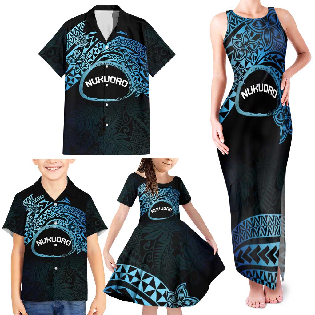 Personalised Pohnpei Nukuoro Micronesia Family Matching Tank Maxi Dress and Hawaiian Shirt Polynesian Tattoo Curves Blue Version