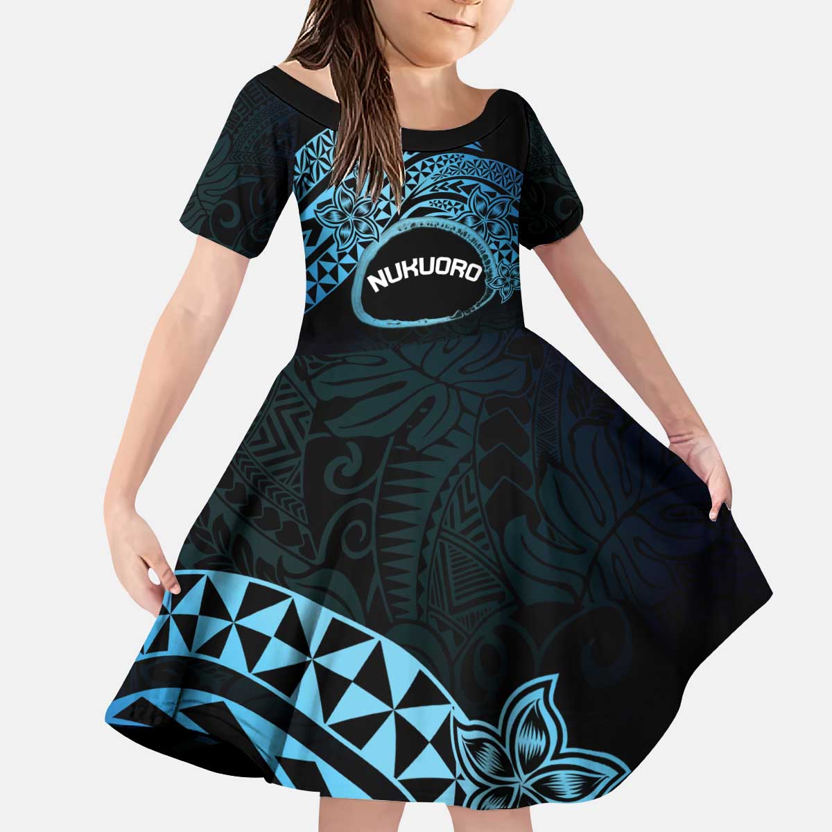 Personalised Pohnpei Nukuoro Micronesia Kid Short Sleeve Dress Polynesian Tattoo Curves Blue Version