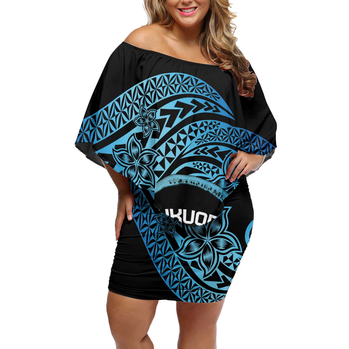 Personalised Pohnpei Nukuoro Micronesia Off Shoulder Short Dress Polynesian Tattoo Curves Blue Version LT14 Women Blue - Polynesian Pride