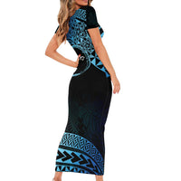 Personalised Pohnpei Nukuoro Micronesia Short Sleeve Bodycon Dress Polynesian Tattoo Curves Blue Version LT14 - Polynesian Pride
